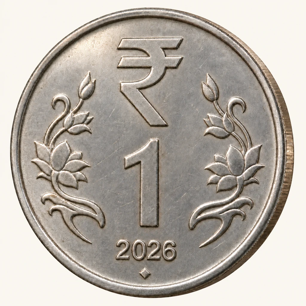 A silver Indian one-rupee coin dated 2026